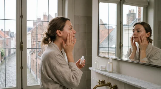 Femme appliquant un soin du visage minimaliste dans une salle de bain lumineuse typique d'une maison belge