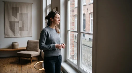 Silhouette d'une femme pensive près d'une fenêtre dans une maison bruxelloise, illustrant les variations naturelles du désir au fil du cycle menstruel