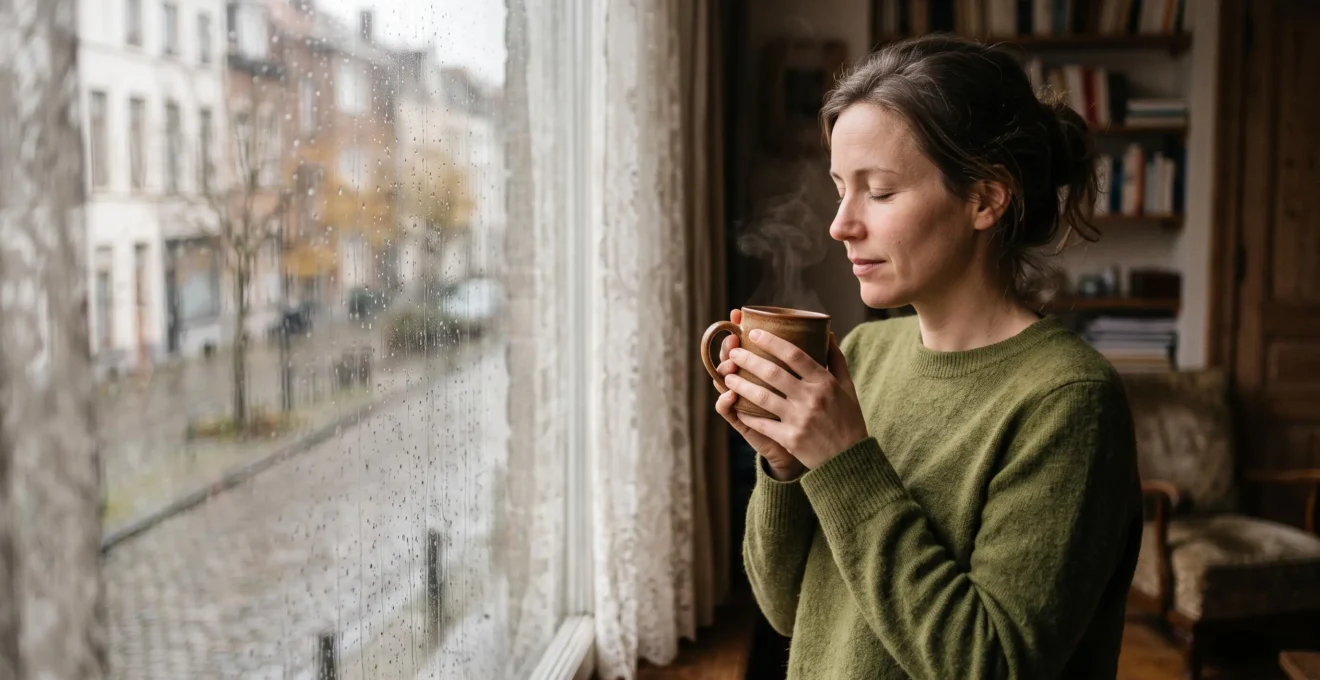 Femme sereine savourant une pause cafe pres d'une fenetre embuee, symbole de calme retrouve dans un quotidien urbain belge