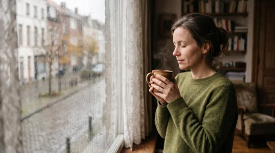 Femme sereine savourant une pause cafe pres d'une fenetre embuee, symbole de calme retrouve dans un quotidien urbain belge