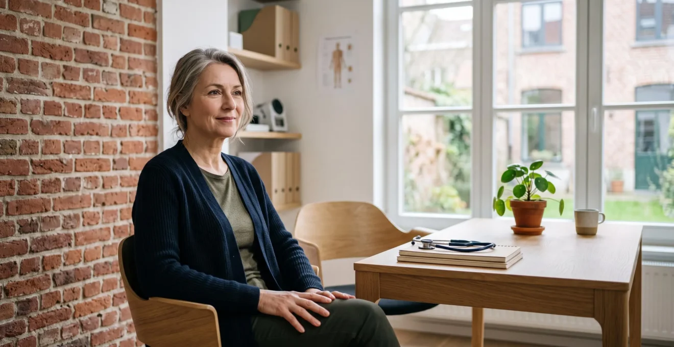 Femme d'une cinquantaine d'années en consultation sereine avec son médecin généraliste dans un cabinet lumineux typique de Belgique, symbolisant une stratégie de dépistage personnalisée