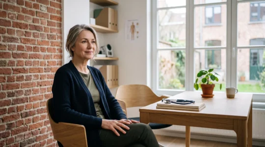 Femme d'une cinquantaine d'années en consultation sereine avec son médecin généraliste dans un cabinet lumineux typique de Belgique, symbolisant une stratégie de dépistage personnalisée