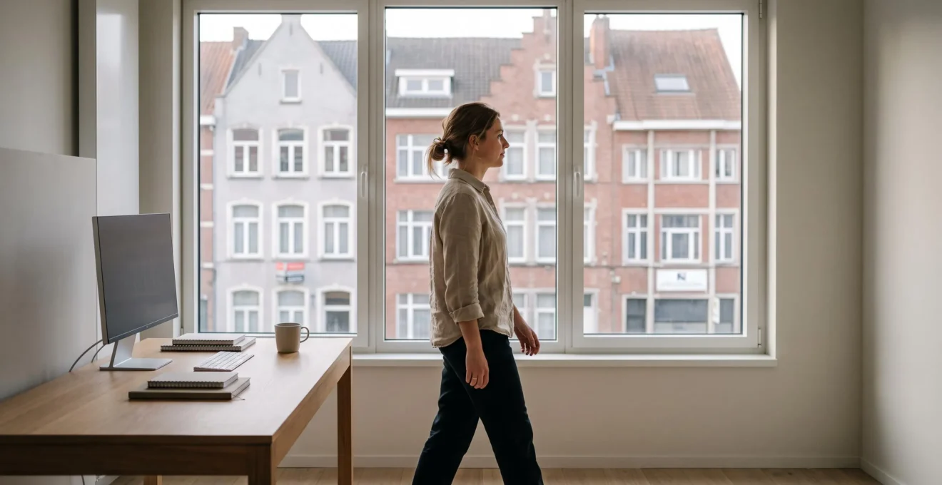 Une femme traverse calmement un intérieur épuré aux influences architecturales belges, incarnant un système d'organisation apaisé et durable