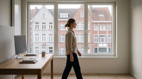 Une femme traverse calmement un intérieur épuré aux influences architecturales belges, incarnant un système d'organisation apaisé et durable