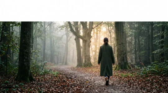 Silhouette d'une personne marchant seule sur un chemin brumeux en forêt à l'aube, symbolisant la transformation progressive des habitudes de vie pour renforcer l'immunité
