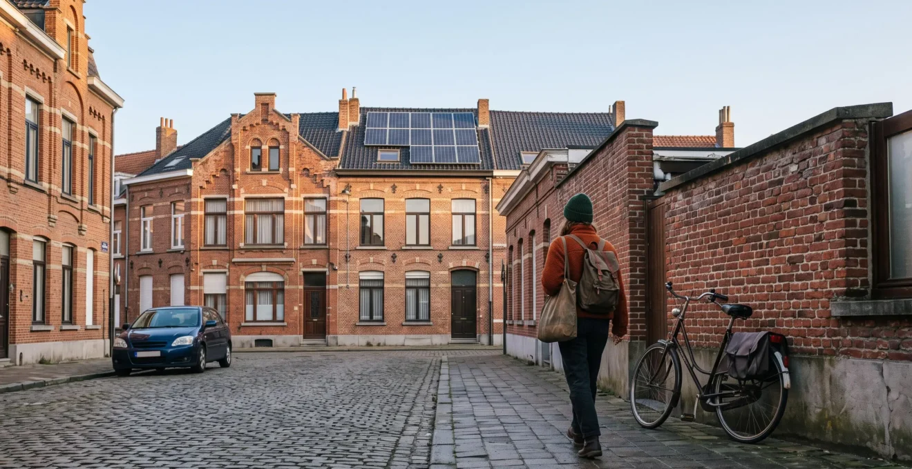 Une personne quitte une voiture garée dans une rue bruxelloise typique pour prendre un vélo, symbolisant la transition vers un mode de vie à faible empreinte carbone