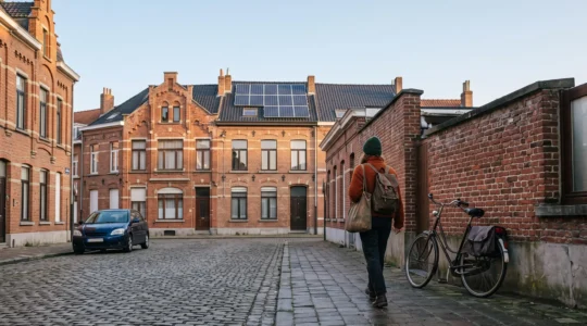 Une personne quitte une voiture garée dans une rue bruxelloise typique pour prendre un vélo, symbolisant la transition vers un mode de vie à faible empreinte carbone