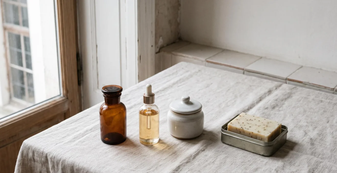 Trousse de toilette minimaliste avec dix produits essentiels rangés avec soin sur une étagère épurée