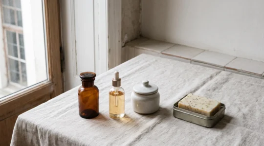 Trousse de toilette minimaliste avec dix produits essentiels rangés avec soin sur une étagère épurée
