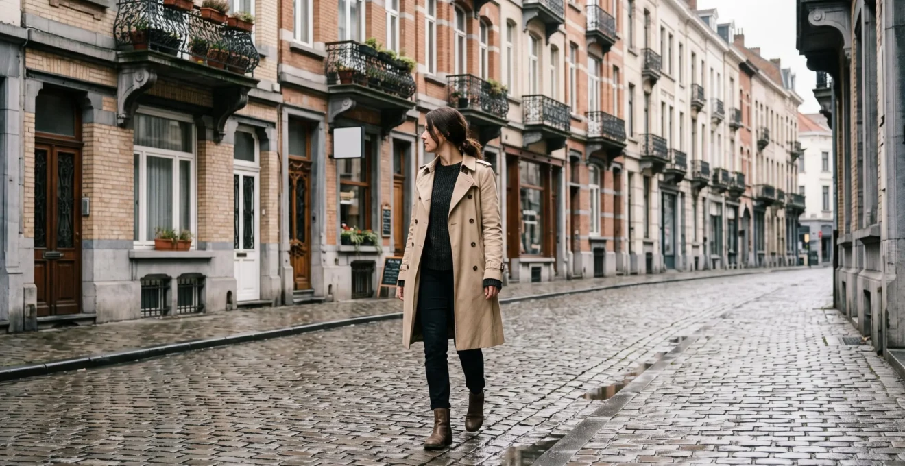 Femme élégante et discrète devant une façade Art Nouveau bruxelloise, incarnant un style personnel authentique loin des tendances Instagram
