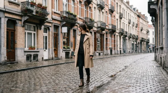 Femme élégante et discrète devant une façade Art Nouveau bruxelloise, incarnant un style personnel authentique loin des tendances Instagram